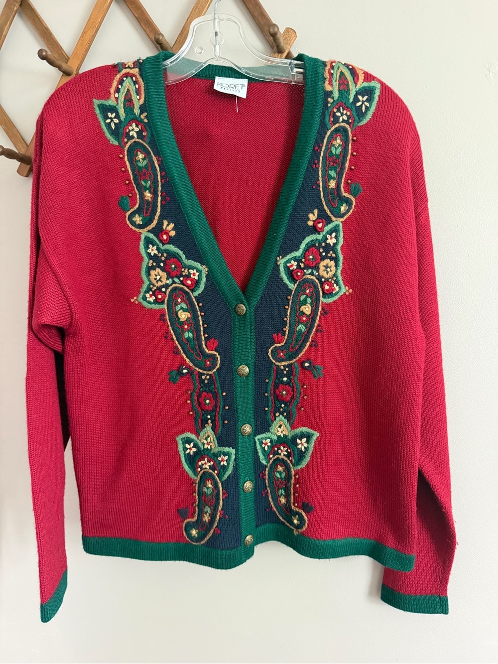Koret Petites Vintage Paisley Embroidered Beaded Wool Blend Cardigan Red No Size